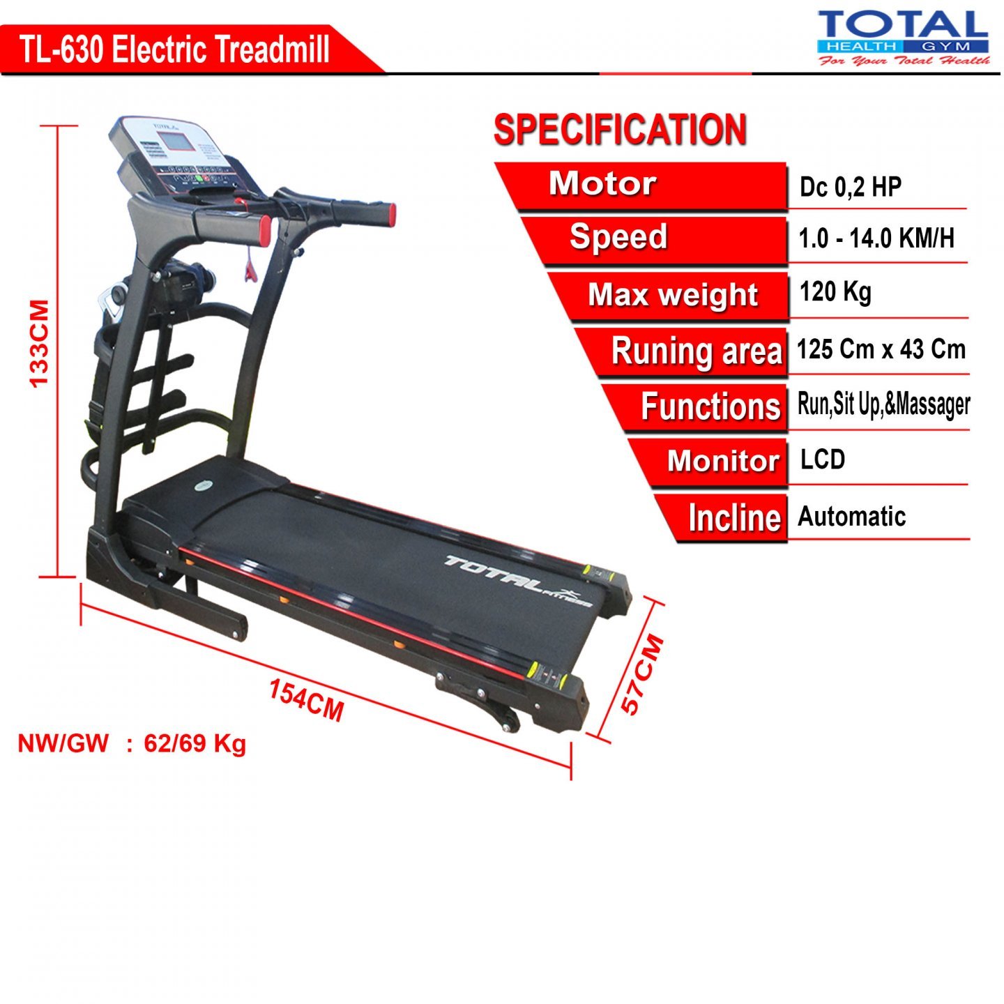 TL-630 Treadmill Listrik - Auto Incline - Image 2