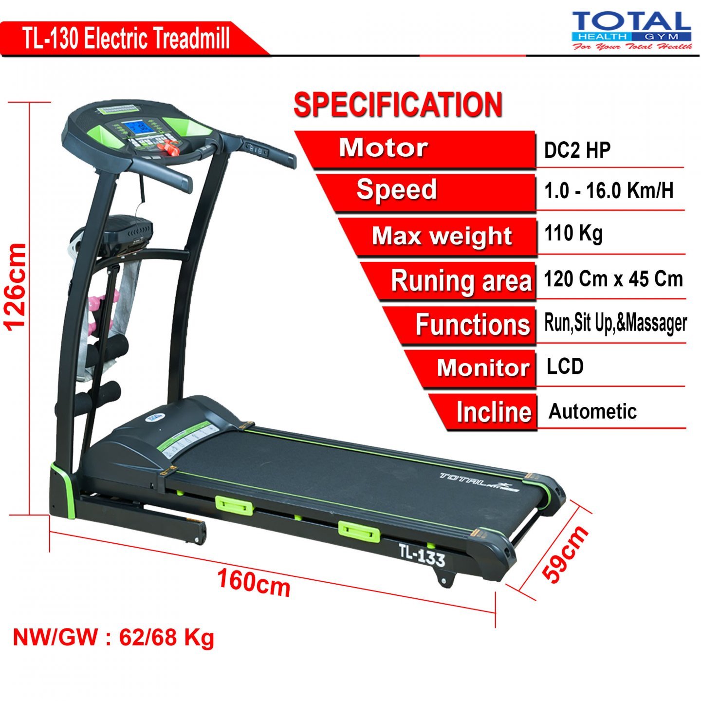 TL-133 Electric Treadmill Auto Incline - Image 2