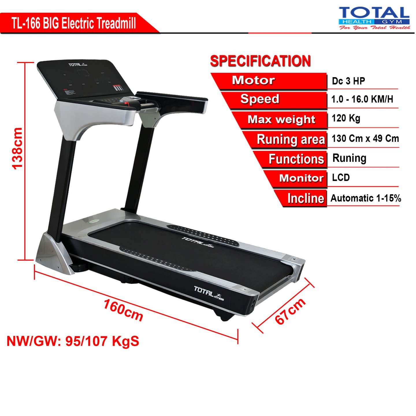 TL-166 Electric Treadmill Auto Incline - Image 2