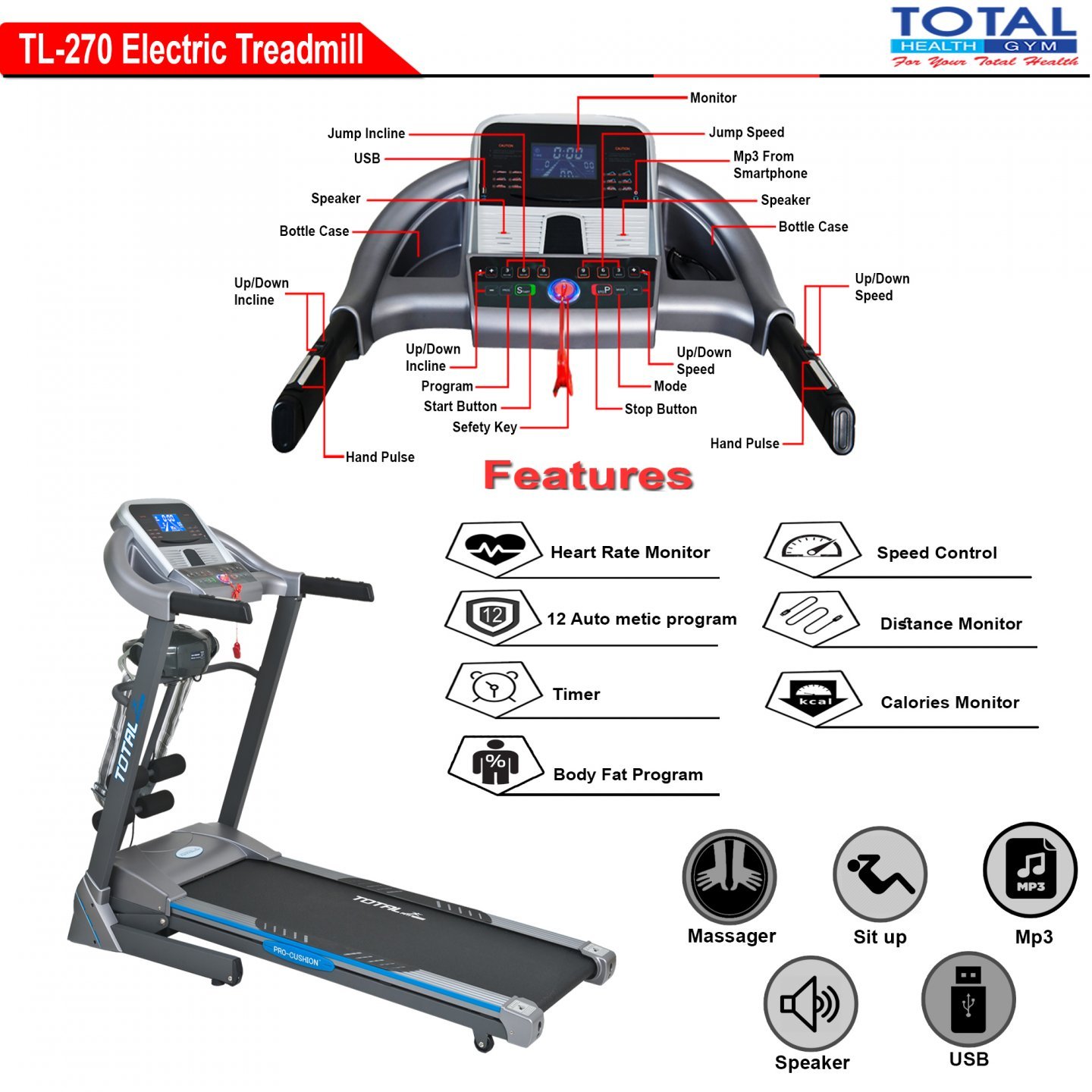 TL-270 Auto Incline Electric Treadmill