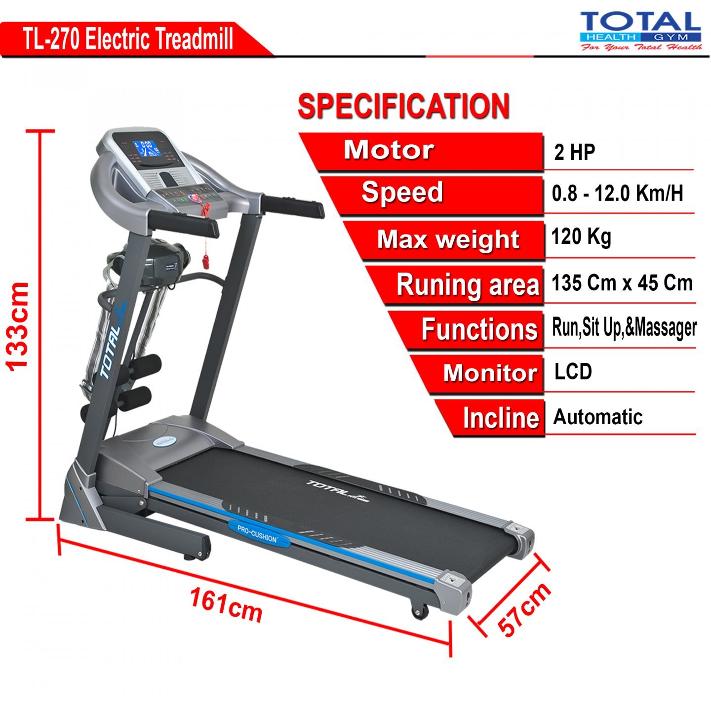 TL-270 Auto Incline Electric Treadmill - Image 2