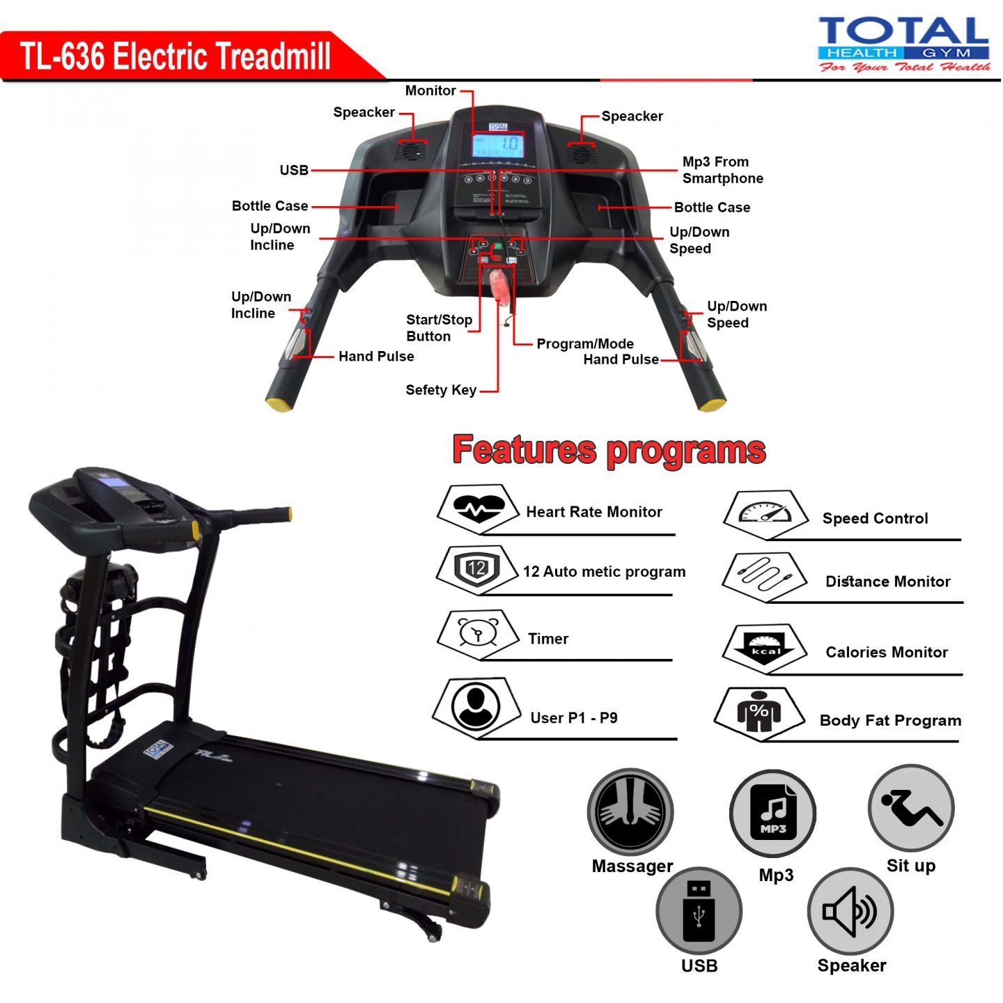 TL-636 Auto Incline Electric Treadmill