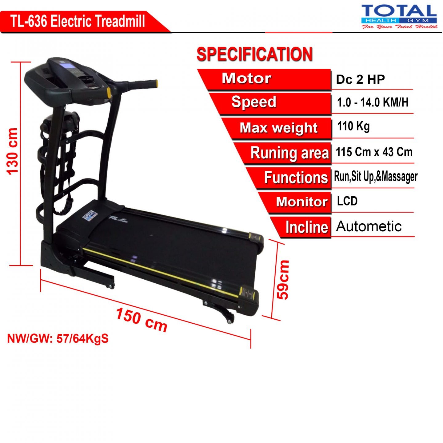 TL-636 Auto Incline Electric Treadmill - Image 2